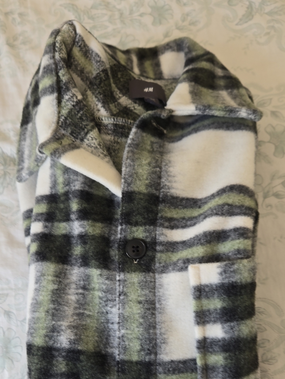 H&M Plaid Wool-Blend Pea Coat in Green, White and Black